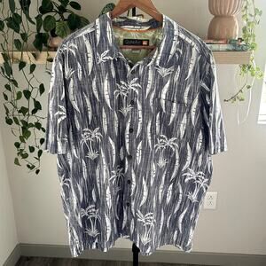 Quiksilver Waterman Blue Tiki Shirt 2XL Palm Print Button Up Vacation Hawaiian